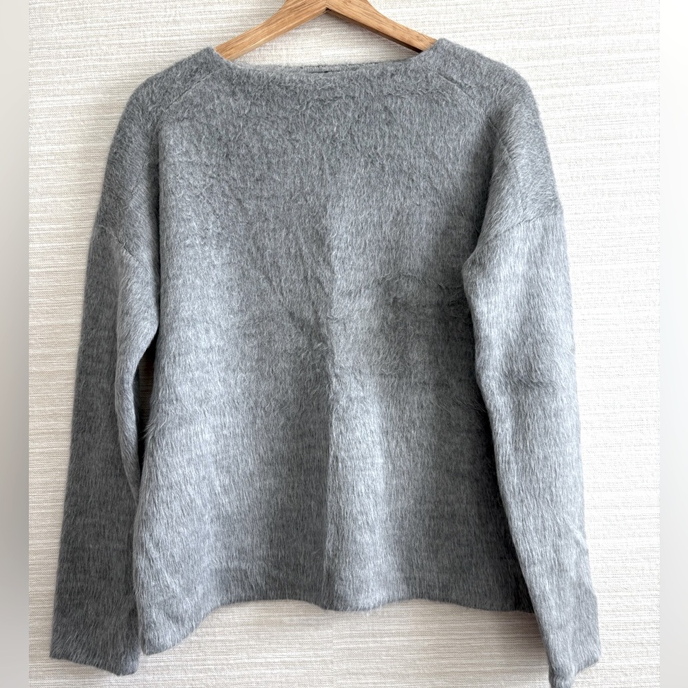 Theory Gray Women's Crew Neck Faux Fur Sweater Size P